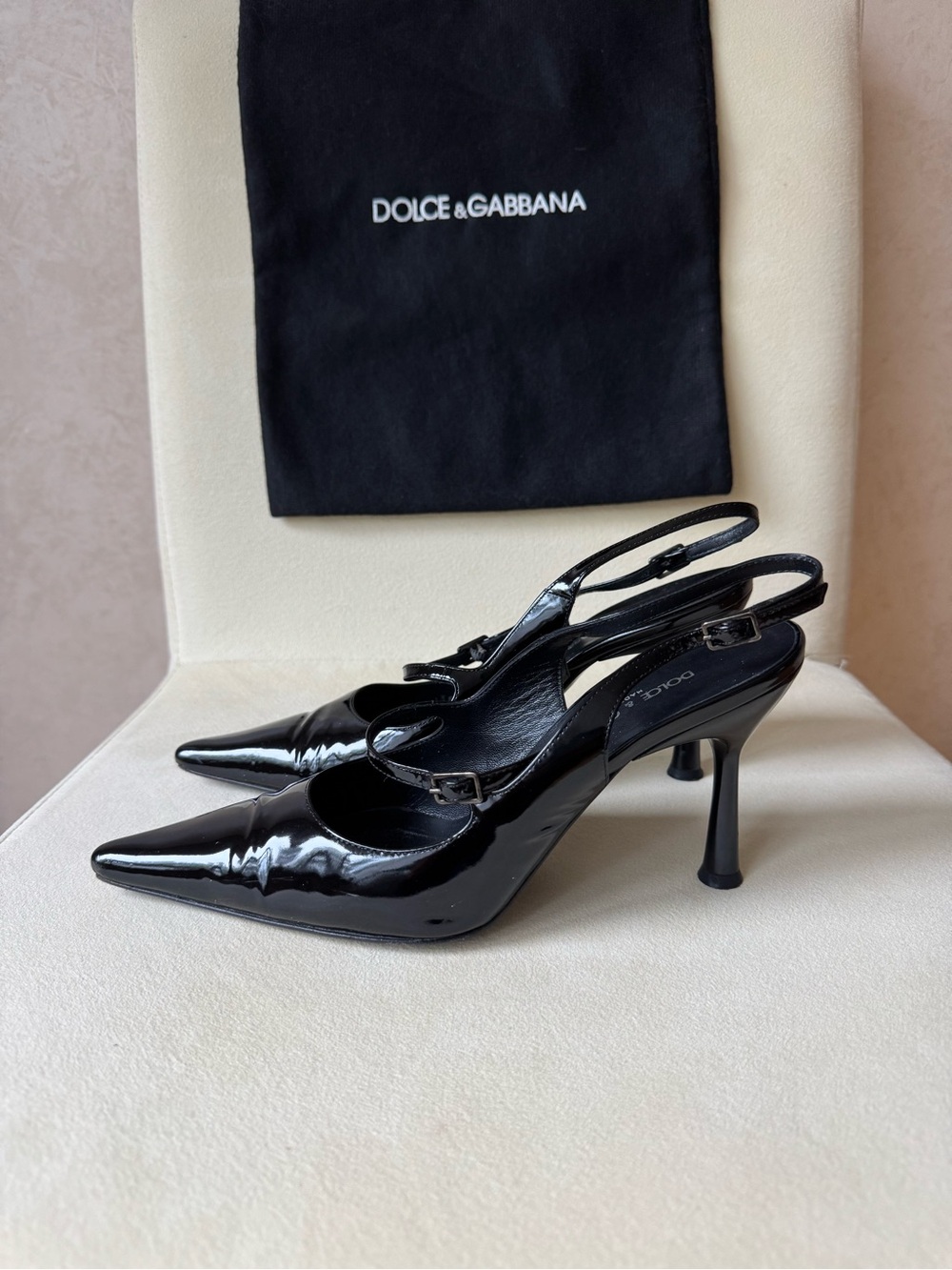 Dolce & Gabbana Black Patent Pointed Slingback Heels 7.5/38.5